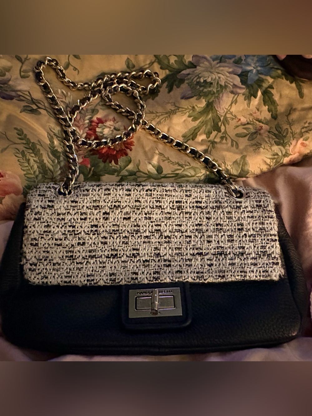 Karl lagerfeld Black and White Tweed Leather Shoulder Bag with Chain Strap
